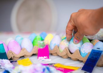 a person is putting colored eggs in a carton