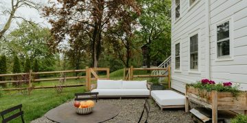 a patio with a table and chairs and a couch