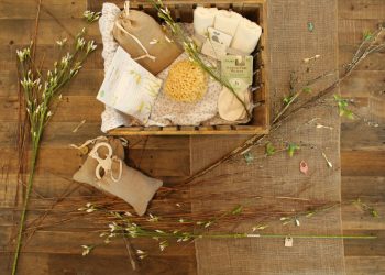bathroom essentials on wooden crate