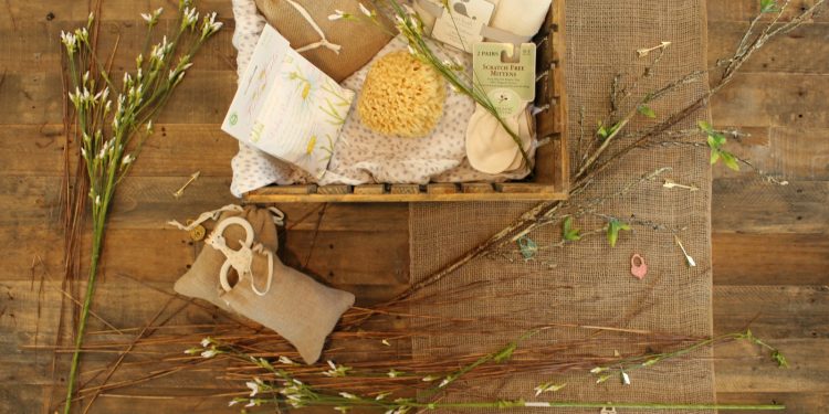 bathroom essentials on wooden crate