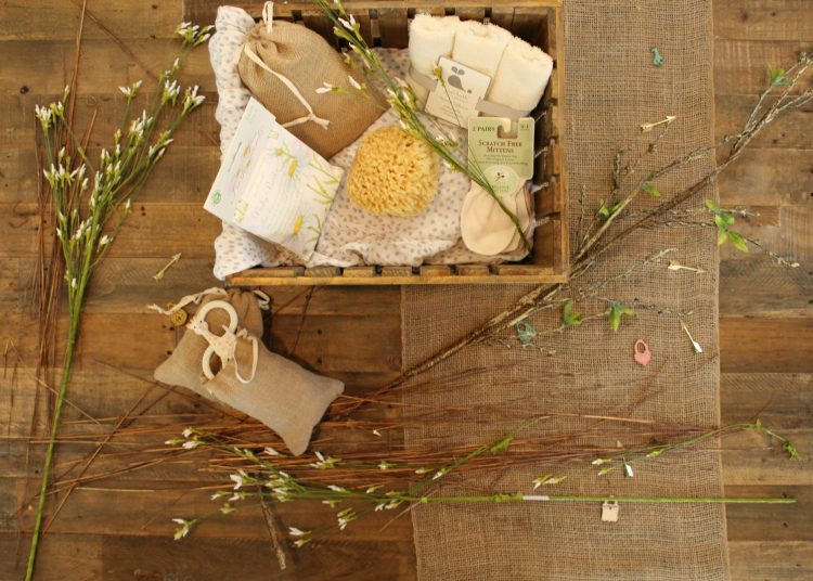 bathroom essentials on wooden crate